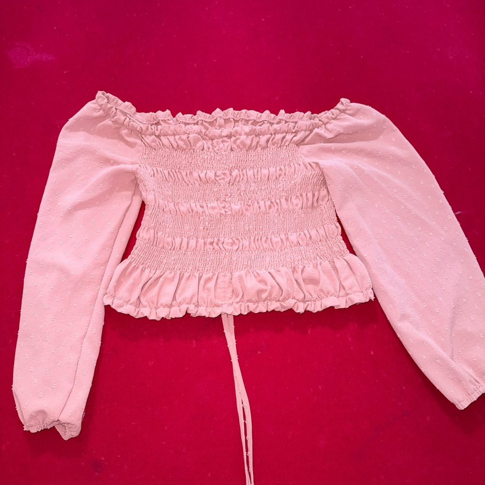 Light Pink Off-Shoulder Smocked Top from SHEIN